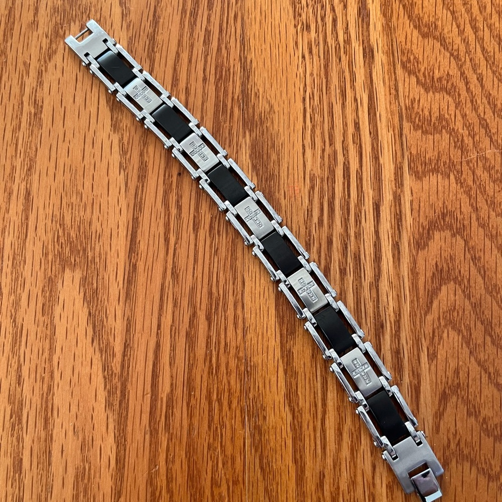 Men's Brushed Stainless Steel Diamond Cross Bracelet size 8.5